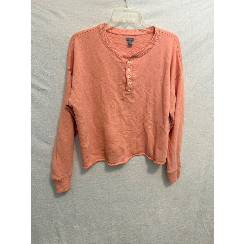 Aerie Henley Sweatshirt Coral Pink Raw Hem French Terry Pullover Womens Medium
